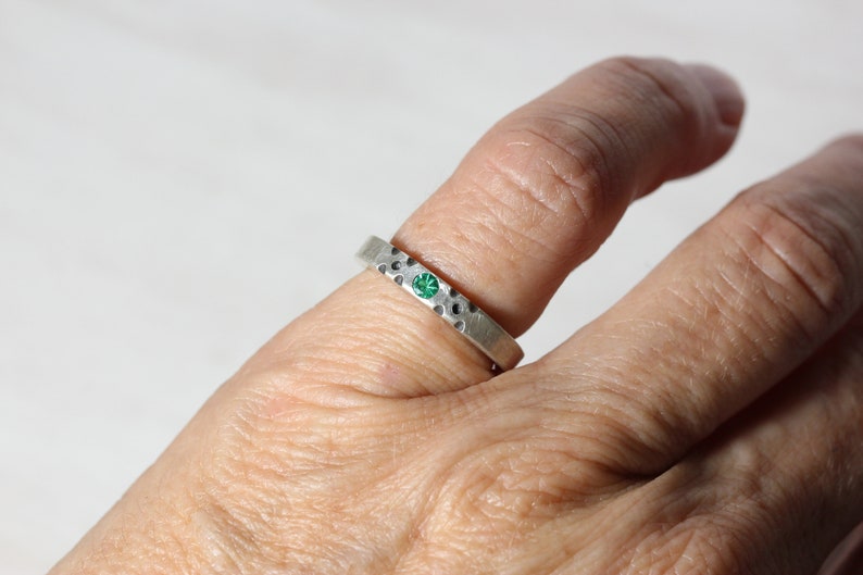 Bright Green Emerald Dot Ring Hammered Sterling Silver Rustic Boho Modern Fresh Vibrant Black May Birthstone Gift Idea Stackable Frog Dots image 7