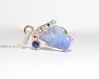 Raw Blueish Opal Multicolor Melee Necklace Sapphire Ruby Peridot Aqua Emerald Pendant Silver 14K Rose Gold Zen Rough Gemstone - Moon Temple