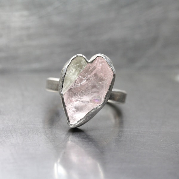 Rough Pale Pink Kunzite Green Hiddenite Heart Ring Silver Anniversary Romantic - Love Sliver