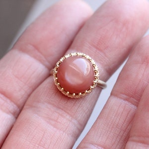 Peach Moonstone Crown Engagement Ring Romantic 14K Yellow Gold Bridal Setting Dusky Antique Rose Pink Round Cabochon Band Peach Princess image 6