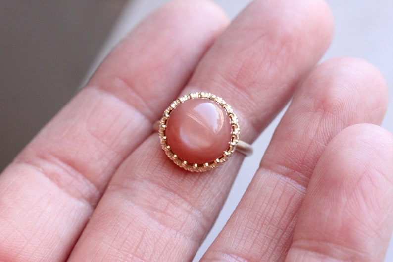 Peach Moonstone Crown Engagement Ring Romantic 14K Yellow Gold Bridal Setting Dusky Antique Rose Pink Round Cabochon Band Peach Princess image 6