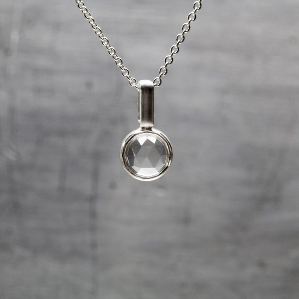 Clear Rose-Cut Quartz Silver Necklace Round Modern Bezel Pendant Minimalistic Monochrome Design Affordable Gift Idea For Her - Crystal Dome