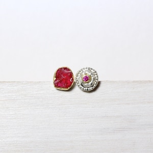 Mismatched Ruby Stud Earrings Raw Intense Reddish Pink Gemstone Accessories Silver 22K Yellow Gold Bezel July Birthstone Gift - Fuchsrötchen