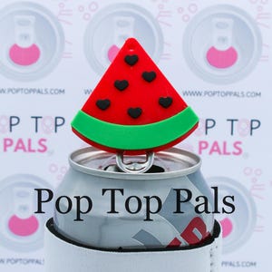 May include: A red and green watermelon-shaped silicone pop top holder with black hearts. The holder is attached to a silver can with a white koozie.