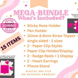Peut inclure: Graphique d'un ensemble de produits num&eacute;riques rose et blanc avec le texte "MEGA-BUNDLE" et "What's Included?" L'ensemble comprend un porte-bloc-notes, un porte-stylo, un bouchon de paille, des styles d'agrafes, des enrouleurs de badge, des boucles d'oreilles en forme de c&oelig;ur et un support de t&eacute;l&eacute;phone.