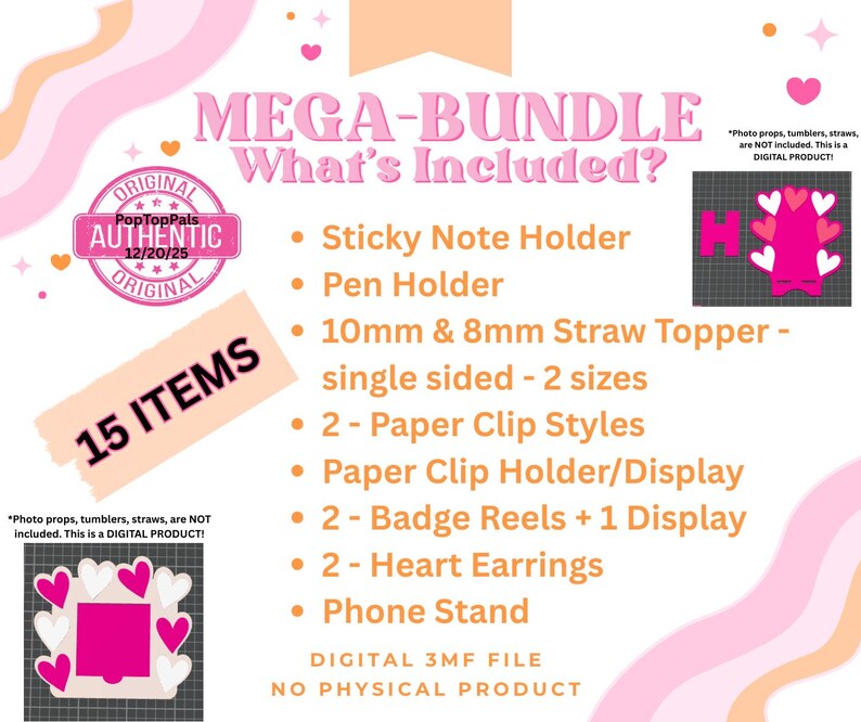 Peut inclure: Graphique d'un ensemble de produits num&eacute;riques rose et blanc avec le texte "MEGA-BUNDLE" et "What's Included?" L'ensemble comprend un porte-bloc-notes, un porte-stylo, un bouchon de paille, des styles d'agrafes, des enrouleurs de badge, des boucles d'oreilles en forme de c&oelig;ur et un support de t&eacute;l&eacute;phone.