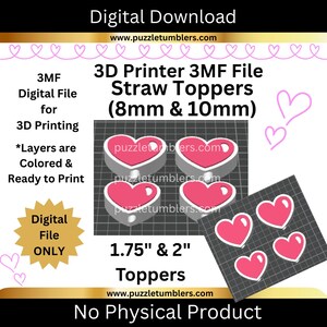 Peut inclure: T&eacute;l&eacute;chargement num&eacute;rique d'un fichier 3MF pour imprimante 3D pour des dessus de paille. Les dessus sont en forme de c&oelig;ur, de couleurs rose et blanc, et mesurent 4,45 cm et 5,08 cm. Le fichier est pr&ecirc;t &agrave; imprimer et comprend des couches color&eacute;es.