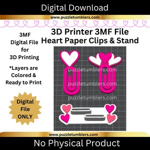 Peut inclure: T&eacute;l&eacute;chargement num&eacute;rique pour l'impression 3D. L'image pr&eacute;sente un fichier 3MF pour imprimante 3D pour des trombones en forme de c&oelig;ur et un support. La conception comprend des trombones en forme de c&oelig;ur roses et blancs et un support. Le texte indique "Fichier num&eacute;rique SEULEMENT".