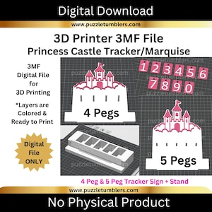Może przedstawiać: Cyfrowe pobieranie pliku 3MF do drukarki 3D dla Princess Castle Tracker/Marquise. Projekt zawiera zamek z 4 kołkami i drugi z 5 kołkami oraz kafelki z numerami. Tekst na obrazku mówi "Digital File ONLY" i "No Physical Product."