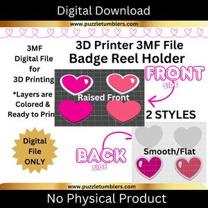 Peut inclure: Graphique de t&eacute;l&eacute;chargement num&eacute;rique pour un porte-badge d'imprimante 3D. Le design pr&eacute;sente des formes de c&oelig;ur en deux styles : avant sur&eacute;lev&eacute; et lisse/plat. Le texte comprend "Fichier num&eacute;rique uniquement" et "Pas de produit physique."