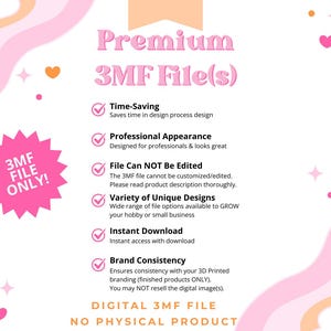 Peut inclure: Publicit&eacute; pour un produit num&eacute;rique avec un design rose et orange. Le texte annonce "Premium 3MF File(s)" et met en avant des fonctionnalit&eacute;s telles que le gain de temps et le t&eacute;l&eacute;chargement instantan&eacute;. Un graphique en forme d'&eacute;toile rose indique "3MF FILE ONLY!"