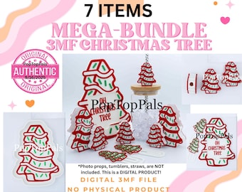 Könnte beinhalten: Ein digitales 3MF-Dateibündel mit 7 Weihnachtsbaum-Designs mit roten Umrandungen und grünen Streuseln. Der Text lautet 7 ITEMS MEGA-BUNDLE 3MF CHRISTMAS TREE, PopTopPals und OH CHRISTMAS TREE. Enthält einen digitalen Stempel mit der Aufschrift ORIGINAL AUTHENTIC.