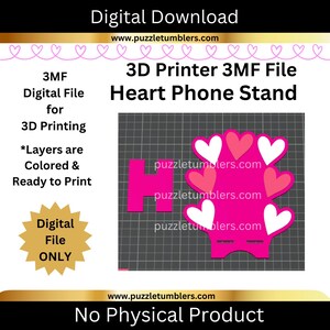 Peut inclure: T&eacute;l&eacute;chargement num&eacute;rique pour un fichier 3MF d'imprimante 3D d'un support de t&eacute;l&eacute;phone en forme de c&oelig;ur. Le design est rose vif avec des c&oelig;urs blancs et roses. Le texte comprend "T&eacute;l&eacute;chargement num&eacute;rique", "Fichier 3MF d'imprimante 3D Support de t&eacute;l&eacute;phone en forme de c&oelig;ur", et "Pas de produit physique".