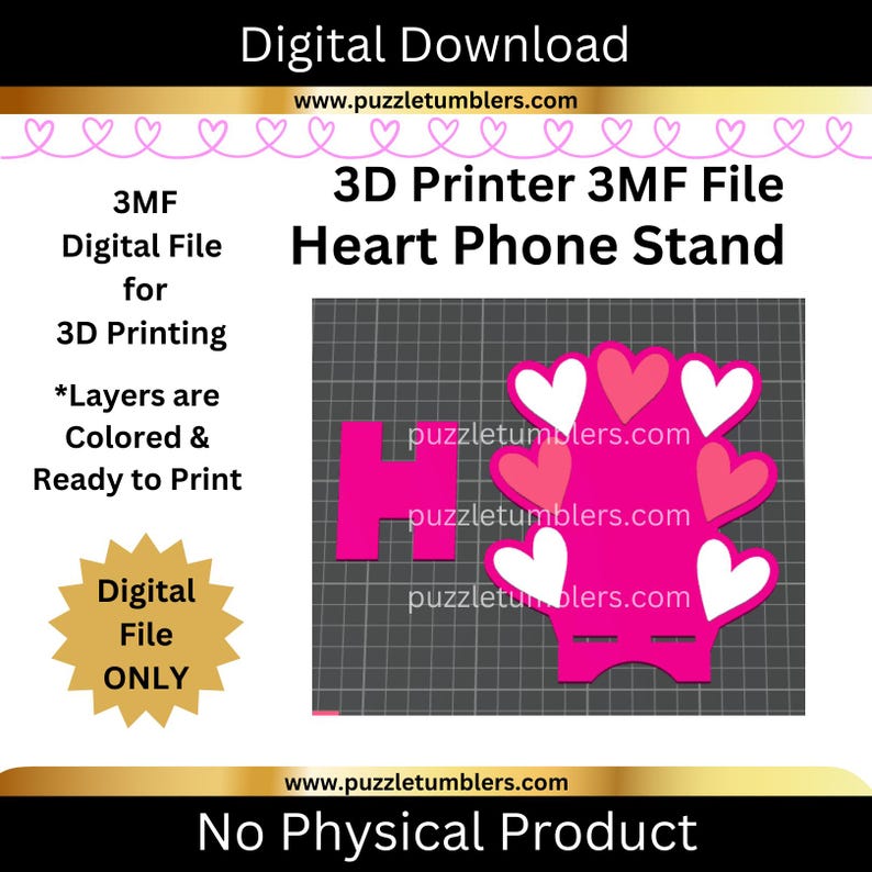 Peut inclure: T&eacute;l&eacute;chargement num&eacute;rique pour un fichier 3MF d'imprimante 3D d'un support de t&eacute;l&eacute;phone en forme de c&oelig;ur. Le design est rose vif avec des c&oelig;urs blancs et roses. Le texte comprend "T&eacute;l&eacute;chargement num&eacute;rique", "Fichier 3MF d'imprimante 3D Support de t&eacute;l&eacute;phone en forme de c&oelig;ur", et "Pas de produit physique".