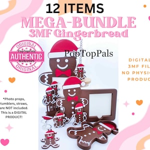 Puede incluir: Una colección de decoraciones con temática de pan de jengibre, que incluye un marco, adornos y un llavero. Los artículos son marrones con detalles en rojo y blanco, y presentan el texto "12 ITEMS MEGA-BUNDLE 3MF Gingerbread". La imagen también incluye el texto "DIGITAL 3MF FILE NO PHYSICAL PRODUCT".