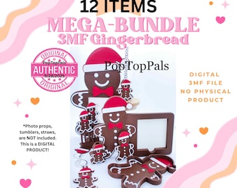 Peut inclure: Ensemble de décorations sur le thème du pain d'épices, comprenant un cadre, des ornements et un porte-clés. Les articles sont marron avec des accents rouges et blancs, et comportent le texte "12 ITEMS MEGA-BUNDLE 3MF Gingerbread". L'image comprend également le texte "DIGITAL 3MF FILE NO PHYSICAL PRODUCT".