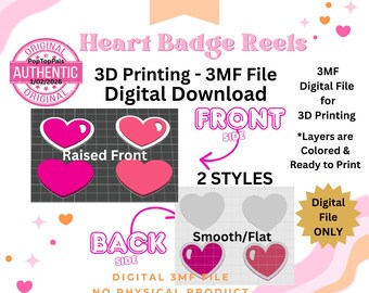 Heart Valentine Badge Reels (2 Styles): Heart 3D Printing File (3MF Digital Download)