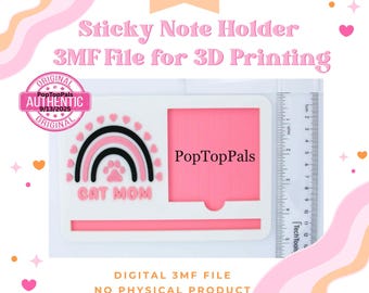 Op de afbeelding: Een witte sticky note houder met een roze binnenkant, een regenboogontwerp en de tekst "CAT MOM". De houder is ontworpen voor 3D-printen en bevat de tekst "3MF File for 3D Printing". De afbeelding bevat ook een liniaal.