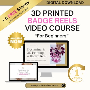 Puede incluir: Anuncio de descarga digital para un curso en vídeo sobre carretes de insignias impresos en 3D. La imagen muestra una pantalla de ordenador y un portátil que muestran el contenido del curso, con el texto "3D Printed Badge Reels Video Course" y "For Beginners".