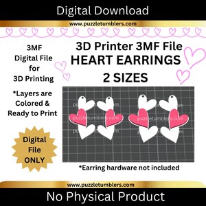 Peut inclure: T&eacute;l&eacute;chargement num&eacute;rique pour boucles d'oreilles en forme de c&oelig;ur &agrave; imprimer en 3D en deux tailles. L'image montre des boucles d'oreilles en forme de c&oelig;ur blanches et roses. Le texte sur l'image dit "3D Printer 3MF File HEART EARRINGS 2 SIZES".