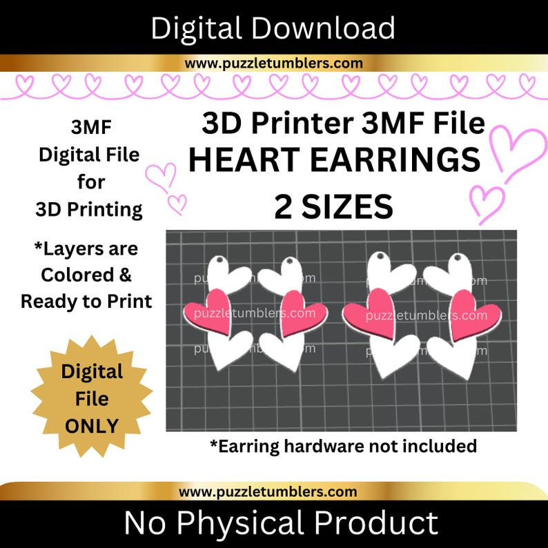 Peut inclure: T&eacute;l&eacute;chargement num&eacute;rique pour boucles d'oreilles en forme de c&oelig;ur &agrave; imprimer en 3D en deux tailles. L'image montre des boucles d'oreilles en forme de c&oelig;ur blanches et roses. Le texte sur l'image dit "3D Printer 3MF File HEART EARRINGS 2 SIZES".