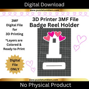 Peut inclure: Graphique de t&eacute;l&eacute;chargement num&eacute;rique pour un porte-badge d'imprimante 3D. Le design pr&eacute;sente un support blanc avec des accents de c&oelig;urs roses et rouges. Le texte comprend "3D Printer 3MF File Badge Reel Holder" et "Digital File ONLY."