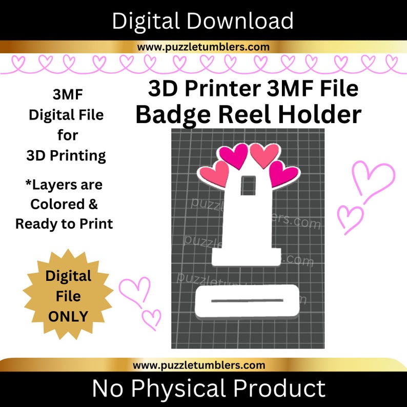 Peut inclure: Graphique de t&eacute;l&eacute;chargement num&eacute;rique pour un porte-badge d'imprimante 3D. Le design pr&eacute;sente un support blanc avec des accents de c&oelig;urs roses et rouges. Le texte comprend "3D Printer 3MF File Badge Reel Holder" et "Digital File ONLY."