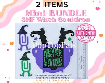 Pode incluir: Um mini-pacote digital com um caldeirão roxo com o texto "NEVER TRUST THE LIVING" e dois clipes de papel em forma de chapéu de bruxa. A imagem inclui o texto "2 ITEMS" e "Mini-BUNDLE 3MF Witch Cauldron". Um selo PopTopPals Authentic também é visível.