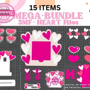 May include: A collection of pink and white heart-shaped designs, including earrings, frames, and individual hearts. The text reads "15 ITEMS MEGA-BUNDLE 3MF-HEART FILES". The image also includes the text "DIGITAL 3D PRINT FILE NO PHYSICAL PRODUCT".