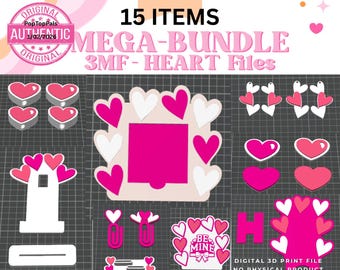 Heart Valentine 3D Print Bundle - Digital Download - 3MF File for 3D Printing | Sticky Note Holder, Straw Toppers, Paper Clips, Earrings