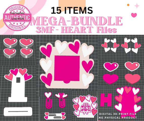 Heart Valentine 3D Print Bundle - Digital Download - 3MF File for 3D Printing | Sticky Note Holder, Straw Toppers, Paper Clips, Earrings