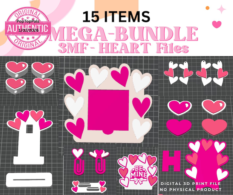 Peut inclure: Une collection de motifs en forme de c&oelig;ur roses et blancs, comprenant des boucles d'oreilles, des cadres et des c&oelig;urs individuels. Le texte indique "15 ITEMS MEGA-BUNDLE 3MF-HEART FILES". Le texte "DIGITAL 3D PRINT FILE NO PHYSICAL PRODUCT" est &eacute;galement pr&eacute;sent.