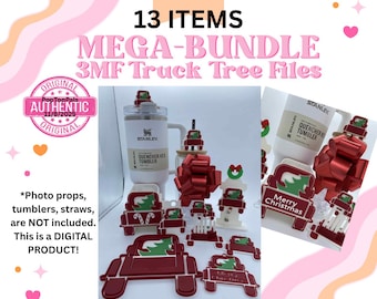 Peut inclure: Un ensemble de produits numériques avec 13 articles sur le thème de Noël. Les articles comprennent des motifs de camions rouges et de sapins de Noël, ainsi qu'un gobelet Stanley Quencher. Le texte indique "MEGA-BUNDLE 3MF Truck Tree Files".