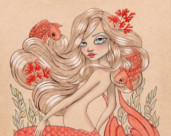 Mermaid Wall Art for Girls Room, Cute Mermaid Art Print, Siren Mermaid Décor for Girl, Mermaid Beach Décor, Coral Art Print, Koi Fish Art
