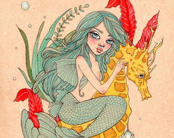 Mermaid and Seahorse Art Print, Below the Shimmering Tides, Signed 8x10