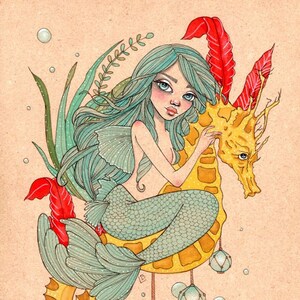 Below the Shimmering Tides, mermaid art, mermaid art print, seahorse art print, signed fine art print 8x10