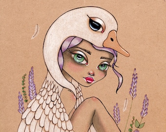 Impression d'art Fionnoala 8 x 10 Mystical Children of Lir mythologie encre et aquarelle