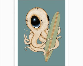 May include: A cartoon illustration of a light brown octopus with a large black eye holding a light blue and brown surfboard. The octopus has a speckled texture and is set against a teal background.