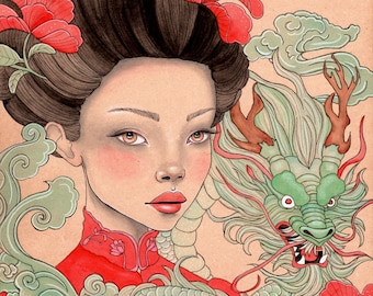 Year of the Dragon Art Print: Lunar New Year Illustration (8x8)