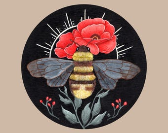 Bloom Bee Giclee Art Print: Floral Bee Illustration