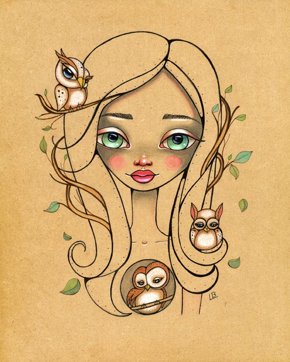 OwlHeart Owl mother nature Original Art Giclee fine art print 8x10