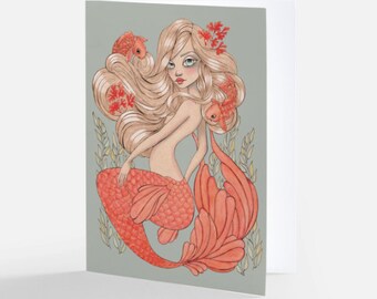 Tarjetas de notas Nadando con Koi (sirena) con sobres