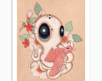 Ohana, giclée d'art originale, pieuvre surréaliste, tortue de mer