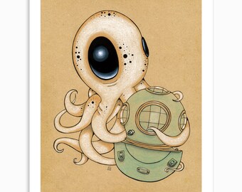 Lámina artística de pulpo: Decoración para el hogar bajo el mar (8 x 10)