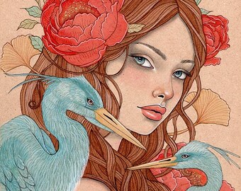 Where the Ginkgo Falls, Giclee signed fine art print 8x10