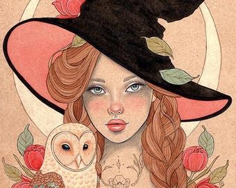 Tabitha, Witch with her owl companion, signed fine art prints 8x10