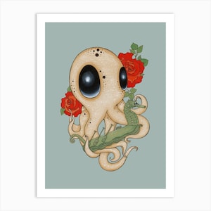 Caught Falling Deep Color background, Fine art signed Giclee Print, Pop Surreal, Octopus Roses Seahorse 8x10 coastal ocean sea water