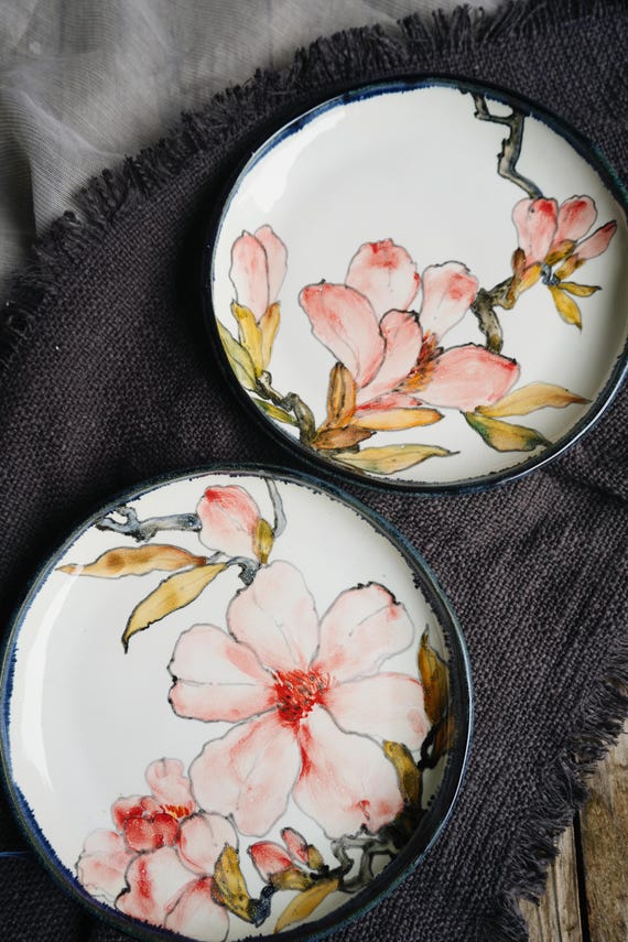 Magnolia-inspired Wedding Cake Serving Set, Hand-painted Porcelain