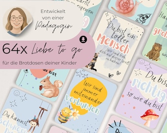 Amore per il tuo pranzo – 64 biglietti colorati con messaggi per bambini | digitali | Biglietti per il pranzo per combattere il dolore della separazione | Biglietti incoraggianti per l'asilo nido e la scuola
