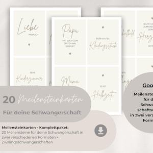 Puede incluir: Un conjunto de tarjetas de hitos para el embarazo, con texto en alemán. Las tarjetas tienen una paleta de colores neutros con fuentes elegantes. La imagen incluye el texto "20 Tarjetas de hitos para tu embarazo."